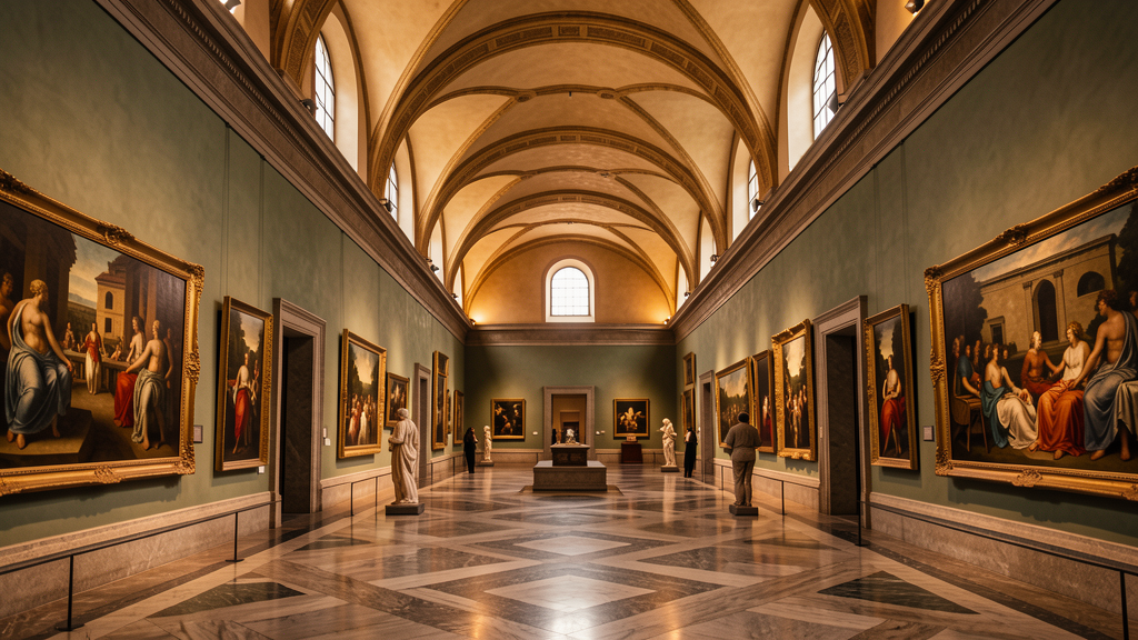 Interior gallery hall of the Uffizi Museum with high vaulted ceilings and classical paintings