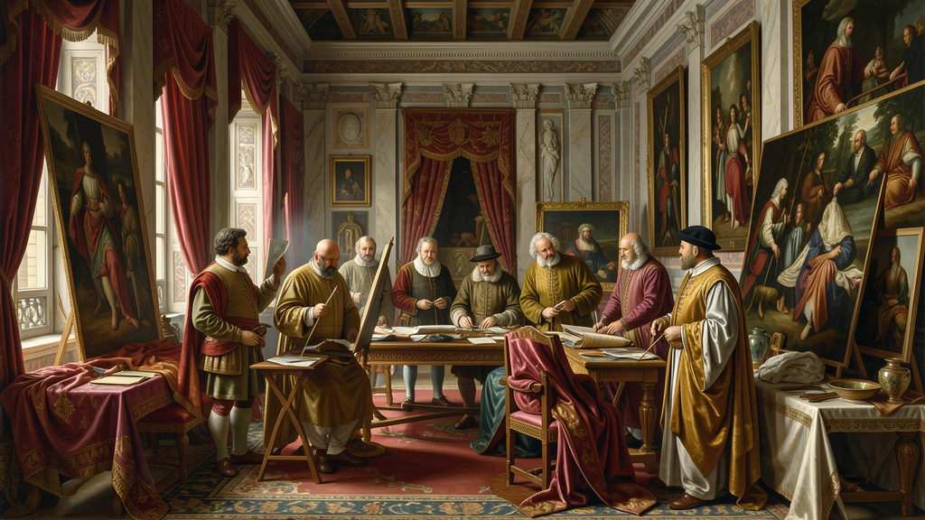 Renaissance scene depicting Medici family commissioning artworks