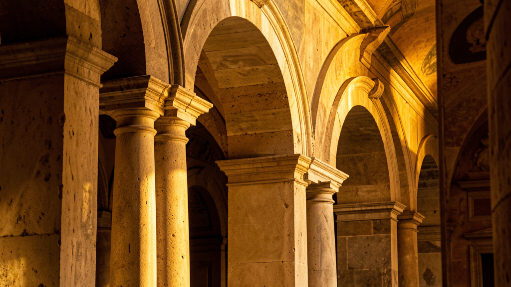 Architectural detail of arched loggia corridor inside Uffizi Gallery