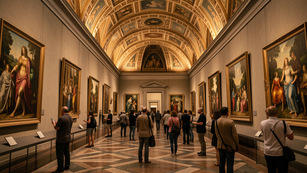 Tourists visiting Uffizi Gallery interior admiring artworks