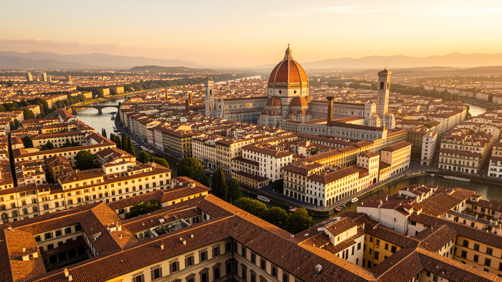 Aerial panoramic view of Florence with Uffizi rooftops visible