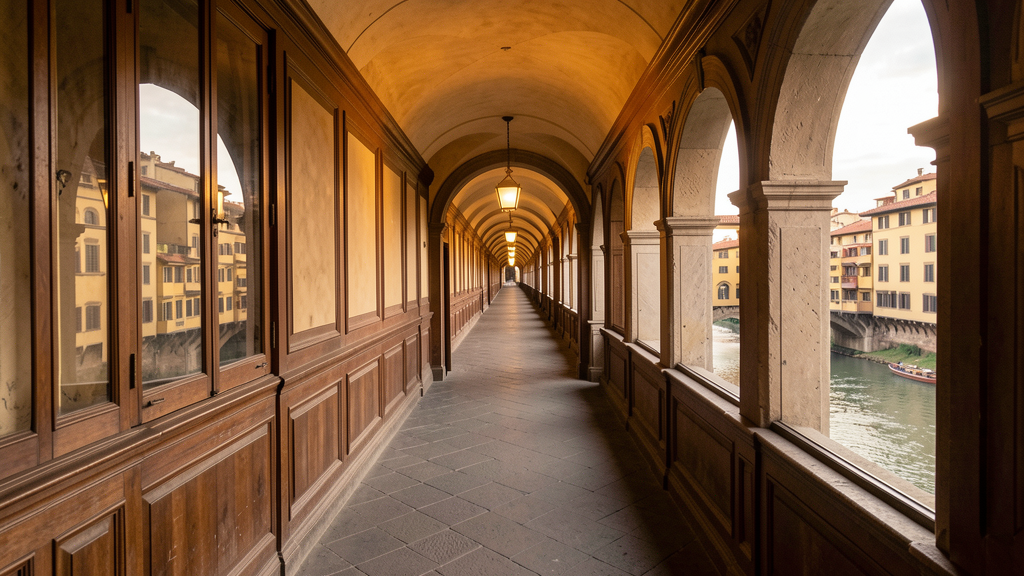 Historic Vasari corridor elevated passage overlooking Ponte Vecchio