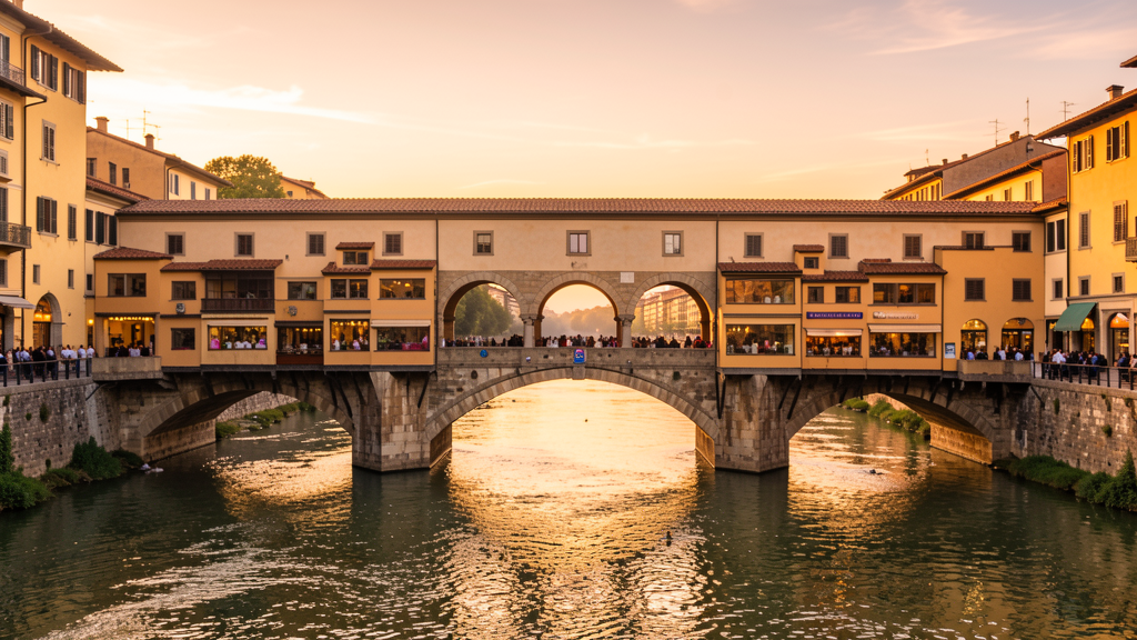 Charming historic Ponte Vecchio medieval bridge at sunset