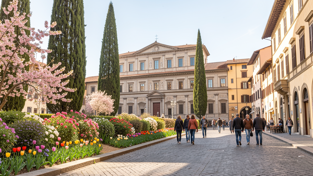 Beautiful spring day in Florence with Uffizi facade and blooming flowers