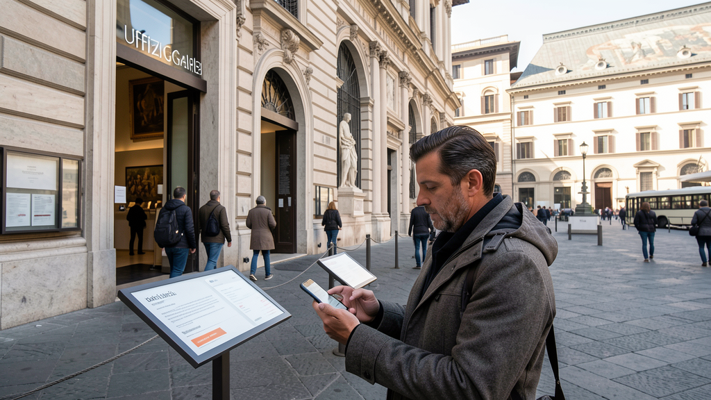 Person reserving museum tickets online with smartphone at Uffizi entrance